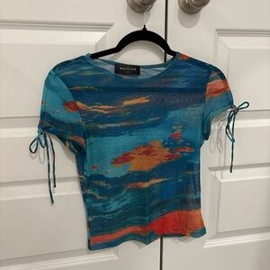 Women's Blue and Orange Tie-Dye Top